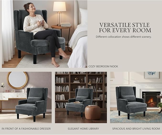 Accent Chair for Living Room Chairs Upholstered Oversized Reading Chair Armchair Accent Chairs for Living Room Chair with High Back and Wood Legs,Arm Chair Comfy Chair for Bedroom(Dark Grey)