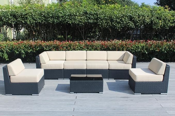 Outdoor Patio Furniture with 6-inch Thick Rainshield Cushions, No-Assembly 7-Piece All-Weather Wicker Sectional Set (Supercrylic Beige)