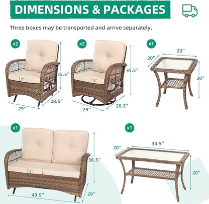 VIVIJASON 7-Piece Outdoor Patio Wicker Conversation Sets, All Weather Outdoor Rattan Furniture Set Includes Glider Loveseat, 2 Glider Rocker Chairs, 2 Swivel-Gliders Chairs, 2 Coffee Table Light Brown