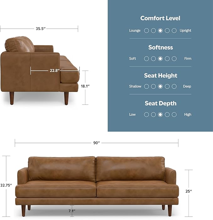 SIMPLIHOME Livingston 90-inch Wide Sofa in Caramel Brown Top Grain Genuine Leather, Handcrafted Mid-Century Modern Couch for Living Room, Large 3-Seater with Feather-Wrapped Cushions