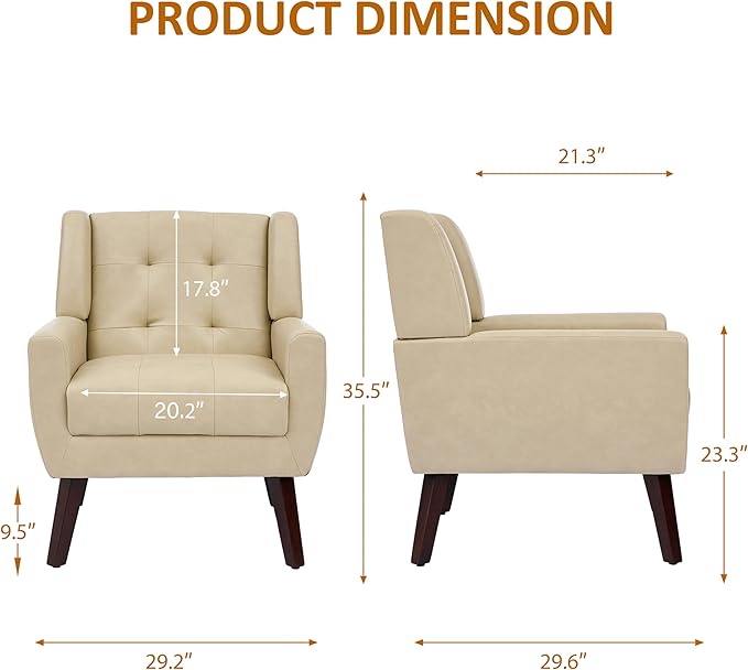 Faux Leather Accent Chairs Set of 4, Mid-Century Modern Upholstered Armchair, Comfy Living Room Chairs Reading Chairs with Button Tufted Back & Solid Wood Legs for Bedroom, Office, Cream