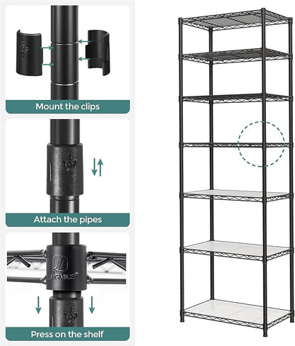 SONGMICS 7-Tier Storage Unit, Wire Shelving, Kitchen Metal Rack With Adjustable Shelves, Shelf Liners, 8 Hooks, for Garage, 13.4 x 23.2 x 70.9 Inches, Black ULGR067B01