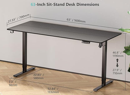 63 x 28 inch Electric Standing Desk Adjustable Height with 4 Wheels, 4 Memory Height Settings, 2 Headphone Hook, for Home Office, Splice Board Black