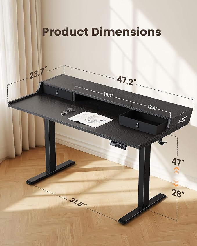 ErGear Electric Standing Desk with Drawers, 48″ x 24″ Gaming Table Compatible Monitor Stand, Stand up Desks, Home Office Height-Adjustable Desk with Storage Shelf, 4 Preset Heights, Black