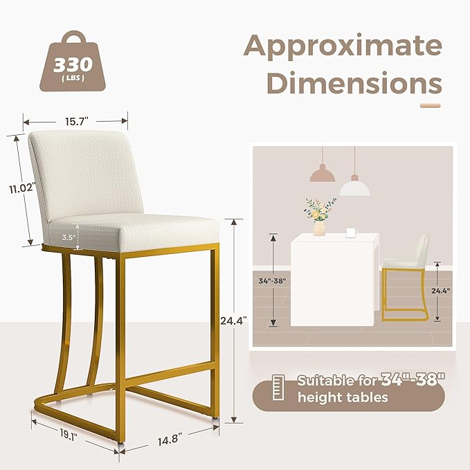 MAISON ARTS Off White & Gold Counter Height Bar Stools with Back Set of 3 for Kitchen Counter 24 Inch Modern Upholstered Faux Leather Barstools Farmhouse Bar Chairs Luxury Island Stools Support 330LBS