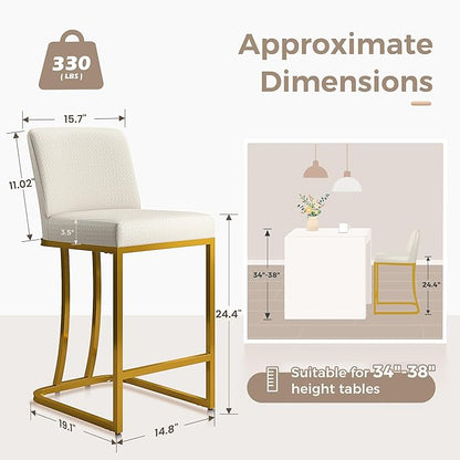 MAISON ARTS Off White & Gold Counter Height Bar Stools with Back Set of 3 for Kitchen Counter 24 Inch Modern Upholstered Faux Leather Barstools Farmhouse Bar Chairs Luxury Island Stools Support 330LBS