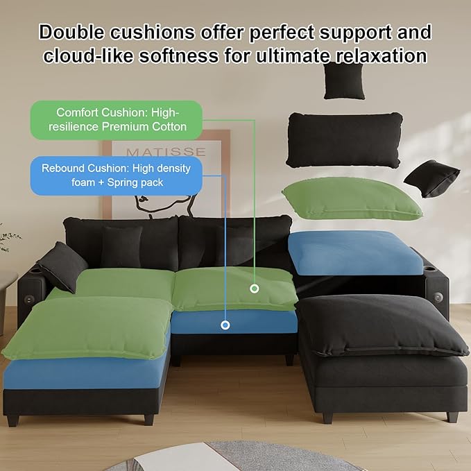 Cloud Couch, Modular Sectional Sofa with Ottoman, Charging Station, Throw Pillows, Cup Holders, Modern Convertible L Shaped Couches for Living Room, Bedroom (Classic Black, 116"- U Shape)