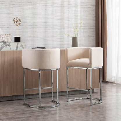 Contemporary Linen Bar Stools Set of 4, 29" Upholstered Fabric Counter Height Barstools Kitchen Counter Island Stools with Screwed Together Chrome Finish Base, Cream