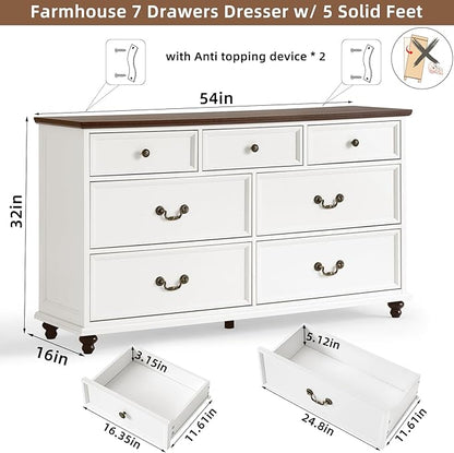 Farmhouse Dresser and Nightstand Sets, Wooden 7 Drawers Dresser & 24" Night Stand with 3 Drawers, 2 Piece Bedroom Furniture Set, Chest of Drawers for Bedroom, Home, Living Room, Hallway