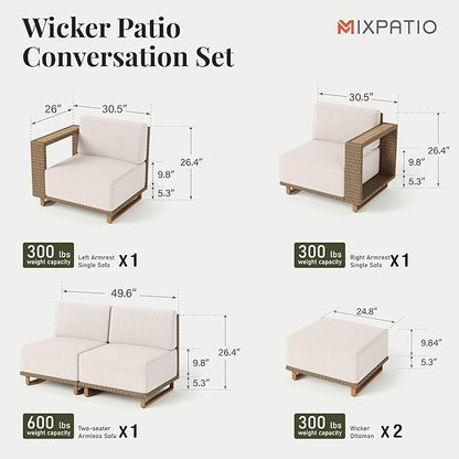 Outdoor Patio Furniture Set, 6 Piece Outdoor Rattan Wicker Sofa Couch, Sectional Outdoor Conversation Sets with 10" Extra Thick Cushions for Deck Backyard Lawn