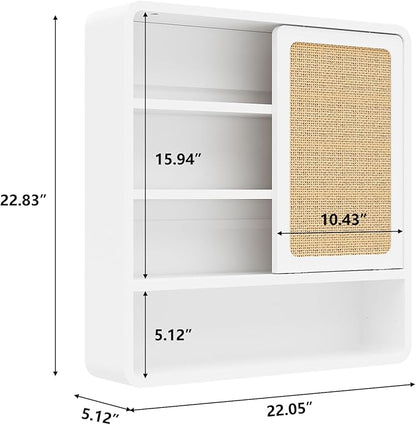 Wall Bathroom Cabinet with Flax Sliding Door, Wood Medicine Cabinet with Adjustable Shelf, Hanging Cabinet for Bathroom, Livingroom (White-1)