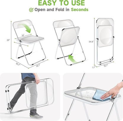 Real Relax Acrylic Folding Chairs,Foldable & Stackable Clear Chairs with Metal Chrome Frame, Indoor and Outdoor, for Home, Office, Party & Events,Set of 2,350LB,Transparent