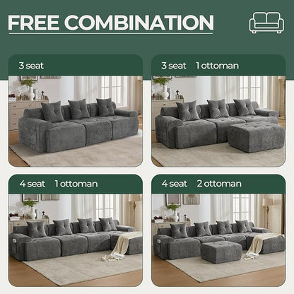 129.23”Modular Sectional Couch for Living Room, Modren L-Shape Cloud Sectional 4-Seater Sofa with Movable Ottoman, Woven Texture Upholstery Boneless Couch, No Assembly, Grey