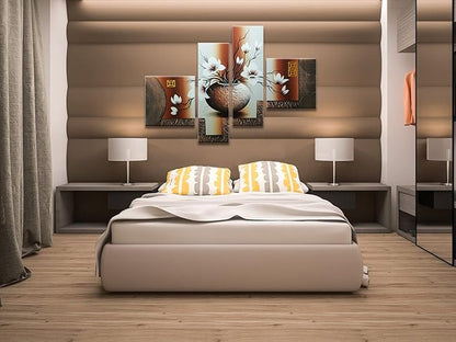 Wieco Art Large Size Decorative Elegant Flowers 4 Panels 100% Hand-painted Modern Contemporary Artwork Floral Oil Paintings on Canvas Wall Art for Home Decorations Wall Decor L