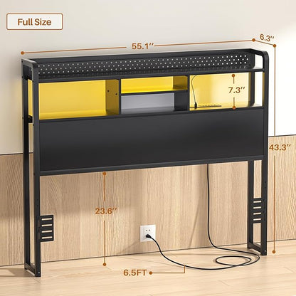 Unikito Headboard for Full Size Bed with Storage Shelf, Head Board with 3 Outlets and 2 USB Ports, Headboards with RGB LED Light, Height Adjustable, Sturdy and Stable, Easy Assembly, Black