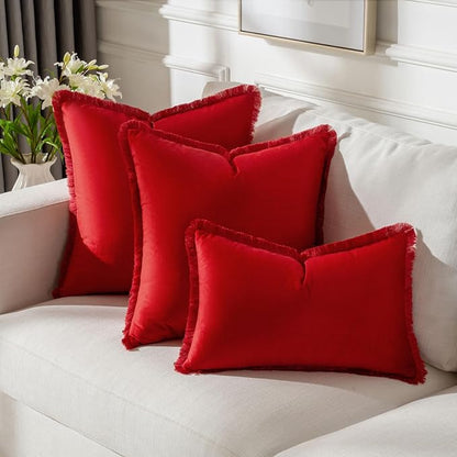 FUTEI Christmas Red Velvet Decorative Throw Pillow Covers 26x26 Set of 2,Soft Cozy Edge with Tassels Euro Pillow Shams,Boho Modern Home Decor for Couch Bed Living Room