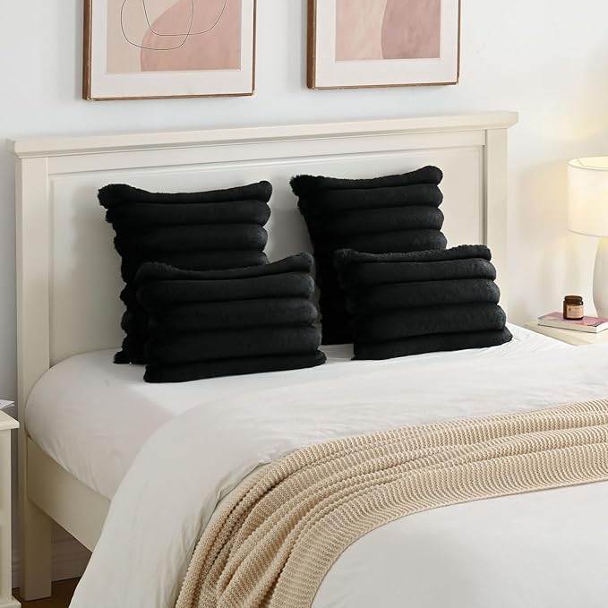 FUTEI Black Decorative Throw Pillow Covers 16x16 Inch Set of 2, Square Soft Faux Rabbit Fur Thick Striped Cushion Cover,Winter Home Decor for Couch Bed Living Room
