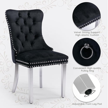 Velvet Upholstered Dining Chairs Set of 8, Modern Style Kitchen Side Chairs with Nailhead Trim and Silver Plated Leg, Metal Pulling Ring for Dining Room Living Room(Black)