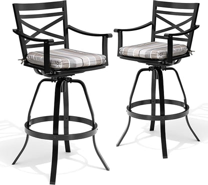 Pellebant 30" Sunbrella Outdoor Bar Stools Set of 2, Aluminum Swivel Patio Bar Height Barstools with Back & Footrest, Tall Barstool Chairs for Deck Lawn Garden, Milano Char