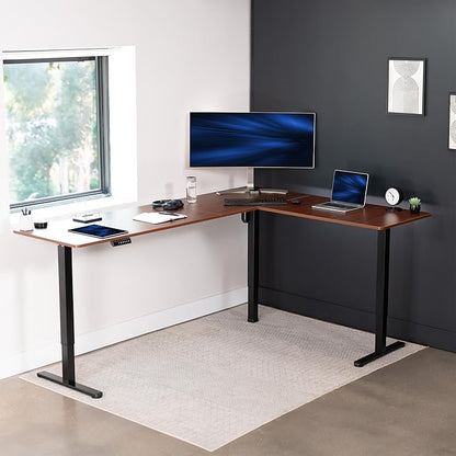 VIVO Corner Standing Desk, 84 x 63 inch Reversible L-Shaped Workstation, Electric Height Adjustment, Home, Office, and Reception Rooms, Dark Walnut Table Top Black Frame, DESK-E3CTBD-84