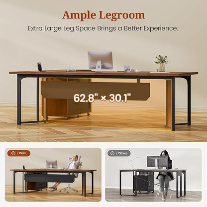 63" Executive Desk with Mobile File Cabinet, Large Office Desk with Drawer, Modern L Shaped Desk with Power Outlets, Storage Shelves, Corner Computer Desk Business Workstation Set (Walnut)