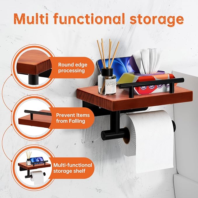 Toilet Paper Holder with Wood Shelf, Wall Mount Toilet Paper Roll Holder with Wooden Shelf and Matte Black Stainless Steel Pipe, Tissue Roll Holder for Bathroom Washroom (Dark Brown, 7.9'' x 5.9'')