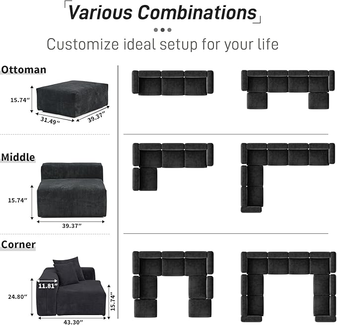 Oversized Modular Sectional Sofa with Ottomans,8 Seater Corduroy V Shaped Reversible Corner Couch,181.73" Convertible Sofa & Couch Free Combination for Living Rooom,Black
