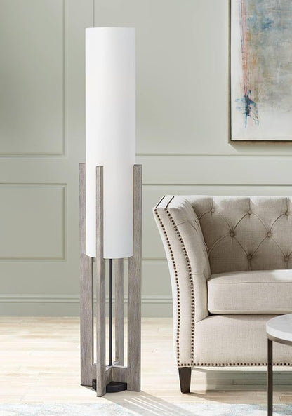 Possini Euro Design Arrista Modern 63" Tall Standing Floor Lamp Cylinder Foot Switch Wood Gray Wash Finish Living Room Bedroom House Reading Office Home Decor Entryway Dining Indoor White Shade