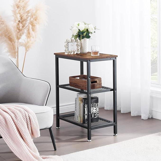 VECELO Tall End Side Tables,30" Height Nightstand with 3-Tier Storage Shelf for Bedroom Living Room, Easy Assembly,Industrial Style, Brown