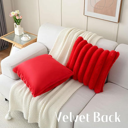 FUTEI Christmas Red Decorative Throw Pillow Covers 26x26 Inch Set of 2, Square Soft Faux Rabbit Fur Thick Striped Euro Pillow Shams,Winter Home Decor for Couch Bed Living Room