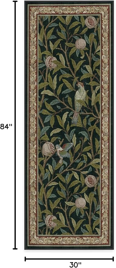 RUGGABLE x Morris & Co Machine Washable Runner Rug – Pomegranate Blue Green 2.5x7, Stain-Resistant, Non-Slip – Washable Rug for Hallway, Entryway, Living Room & Kitchen–with Standard Pad