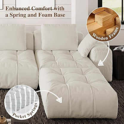Cloud Sectional Couches, Comfort Linen U-Shape Modular Sofas with Wide Deep Seat, Down Filled Modern Upholstered Sofa Couch for Living Room, Apartment,Cream White