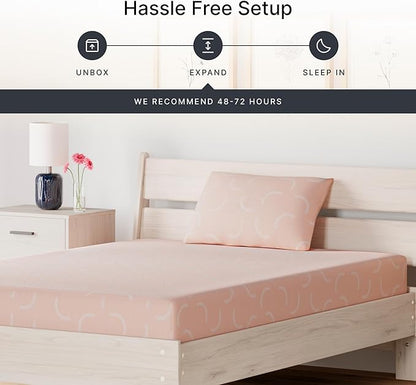 Signature Design by Ashley Full Size iKidz 7 Inch Firm Gel Memory Foam Mattress with Stretch Knit Cover & Pillow Included, Pink Coral, Fiberglass Free, Mattress in A Box