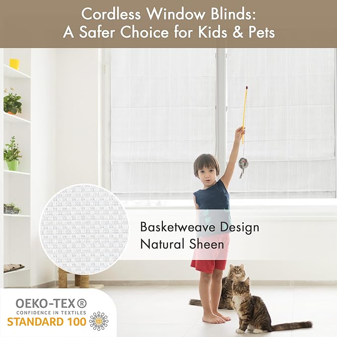 Madison Park Galen Cordless Roman Shade, 31"W x 64"H, Sheen White – Room Darkening, Thermal Insulated, Energy Efficient Window Blind with Subtle Sheen Basketweave Fabric for Privacy
