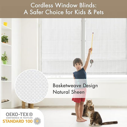 Madison Park Galen Cordless Roman Shade, 29"W x 64"H, Sheen White – Room Darkening, Thermal Insulated, Energy Efficient Window Blind with Subtle Sheen Basketweave Fabric for Privacy