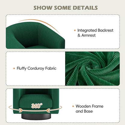 360° Swivel Accent Chairs, Modern Bucket Chair, Corduroy Barrel Armchair, Comfy Boucle Chair, Single Sofa for Living Room Bedroom. Green
