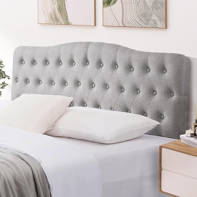 Upholstered Full Headboard, Button Diamond Tufted Headboards with Adjustable Height and Solid Wood Leg, Linen Fabric Padded Headboard for Full Size Bed, Mordern Head Board, Grey
