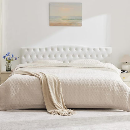 Upholstered King Headboard, Button Diamond Tufted Headboard with Adjustable Height and Solid Wood Leg, Velvet Padded Headboards for King Size Bed, Modern Head Board, White