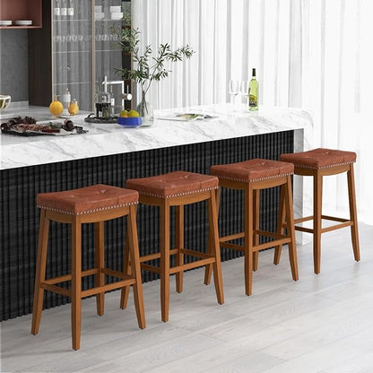 COSTWAY Saddle Bar Stools Set of 2, 29-Inch Bar Height Barstools w/PU Leather Seat, Solid Rubber Wood Frame, Footrest, Mid-Century Backless Bar Stools for Kitchen Island Home Bar