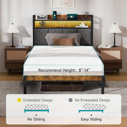 Z-hom Twin Bed Frames, Twin Bed Frame with 2-Tier Storage Upholstered Headboard, Metal Platform with USB Charging Station & LED Lights, Noise Free, No Box Spring Needed, Easy Assembly, Vintage Brown