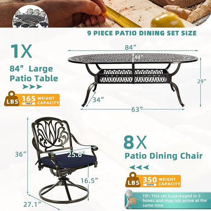 MEETWARM 9-Piece Outdoor Patio Dining Set, All-Weather Cast Aluminum Patio Conversation Set for Backyard Garden Deck with 1 Oval Table, 8 Cushioned Swivel Rocker Chairs, 2" Umbrella Hole, Navy Blue