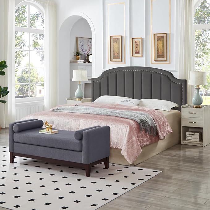 24KF Velvet Fabric Upholstered King/California King Headboard with Nail Trims, Modern Vertical Channel Design with Curved King Headboard, 6052-K-Dark Gray