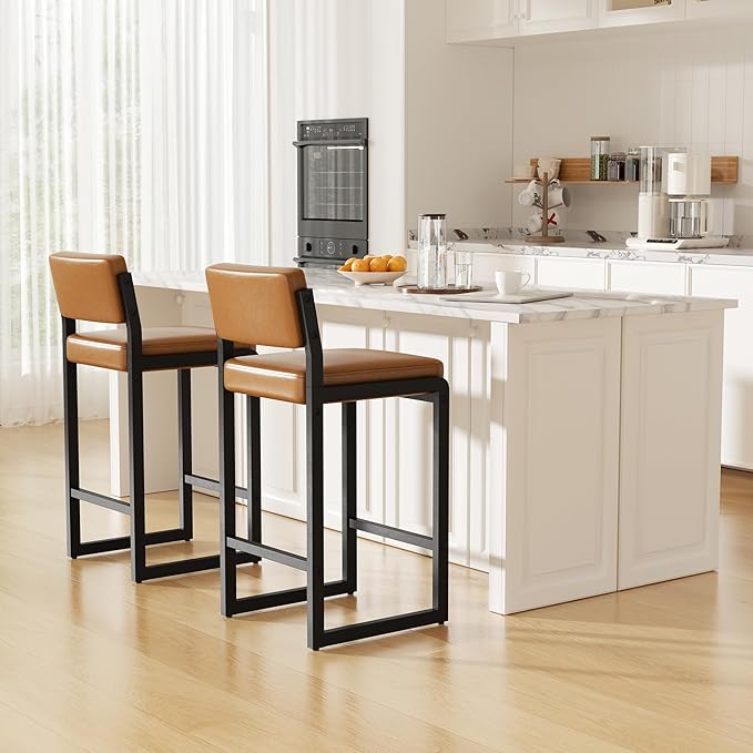 Counter Stools Set of 4, Faux Leather Bar Height Stools with High Back and Metal Legs, Upholstered Bar Chairs, 26" Modern Barstools for Kitchen Island, Caramel