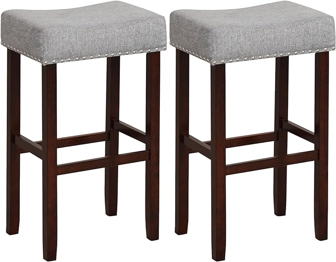 COSTWAY Counter Height Bar Stools Set of 2, 29.5-inch Backless Saddle Stools with Nailhead Trim, Rubber Wood Frame, Footrest, Max Load 330 Lbs, Upholstered Barstools for Kitchen Island Pub, Grey