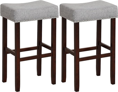 COSTWAY Counter Height Bar Stools Set of 2, 29.5-inch Backless Saddle Stools with Nailhead Trim, Rubber Wood Frame, Footrest, Max Load 330 Lbs, Upholstered Barstools for Kitchen Island Pub, Grey