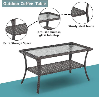 Rilyson Wicker Outdoor Patio Furniture Set - 8 Piece Patio Conversation Sets with Swivel Rocker Chairs, Ottomans, Sofa and Table, 6 inch Cushions, Deep Seating, for Porch Deck Brown/Blue