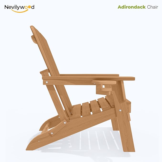 nevilywood Folding Adirondack Chair with Cup Holder Set of 4, HDPE Patio Chairs,All-Weather Outdoor Chairs for Backyard, Deck,Fire Pit-TeakBrown