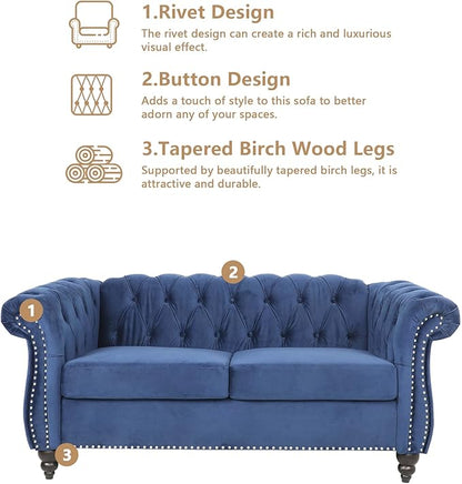 Velvet Loveseat Sofa, Mid Century Modern Upholstered Couch, 62" Oversized Comfy 2 Seater Love Seat Couch with Cushions, Tufted Chesterfield Sofa for Living Room, Bedroom, Apartment (Blue)