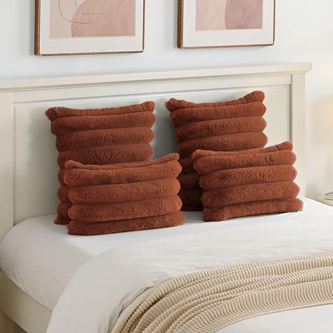 FUTEI Rust Decorative Throw Pillow Covers 20x20 Inch Set of 2, Square Soft Faux Rabbit Fur Big Striped Cushion Cover,Home Decor for Couch Sofa Bed Living Room