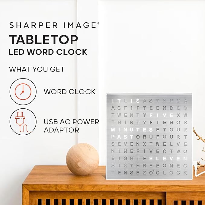 Sharper Image LED Word Digital Clock, 7.75", Silver Finish, Light-Up Desk & Wall Clock, Modern Time Display, Shelf or Wall Decor for Home Office, Living Room, Kitchen & Bedroom, Housewarming Gift